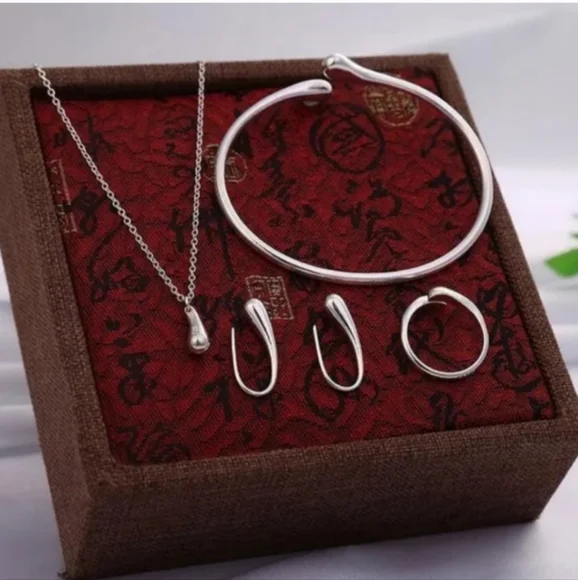 925 Sterling Silver Waterdrop Jewelry Set Bracelet Necklace Earrings and Ring - Picture 7 of 16